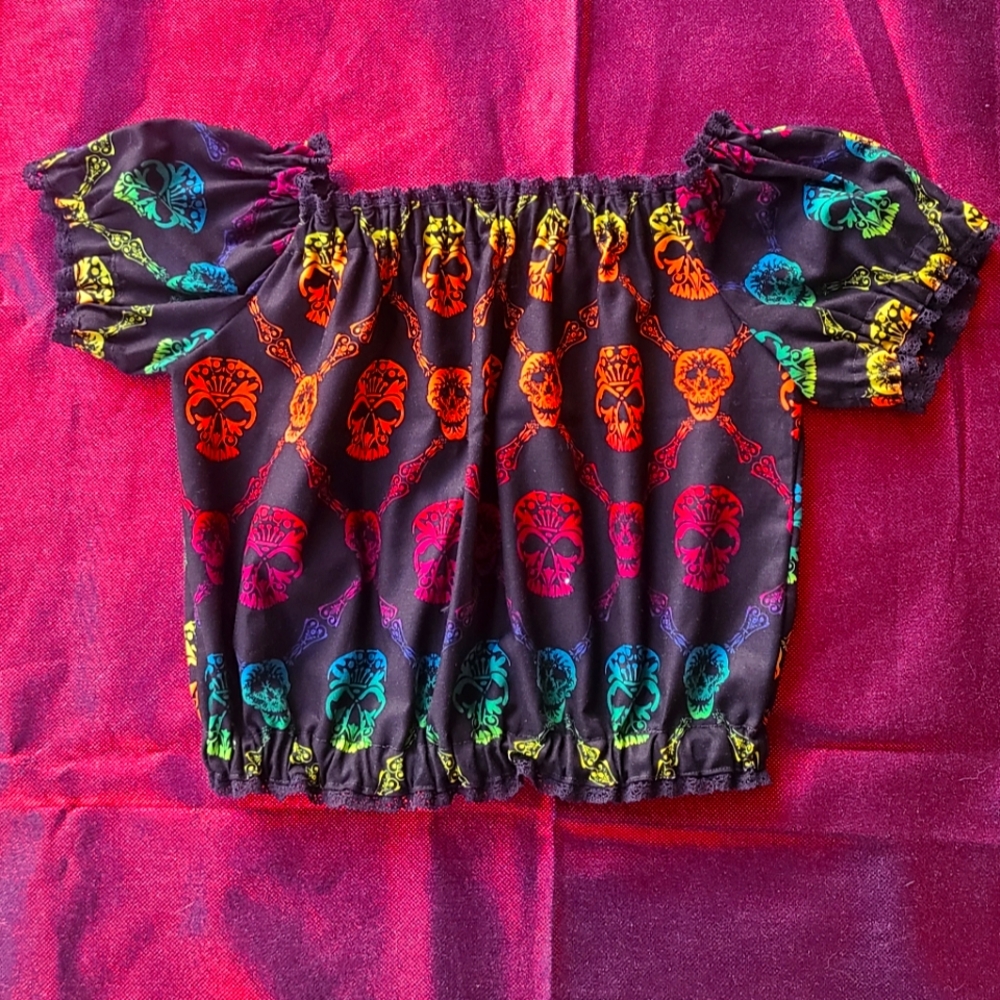 Rainbow Skulls Ruffled Over The Shoulder Crop Top SMALL